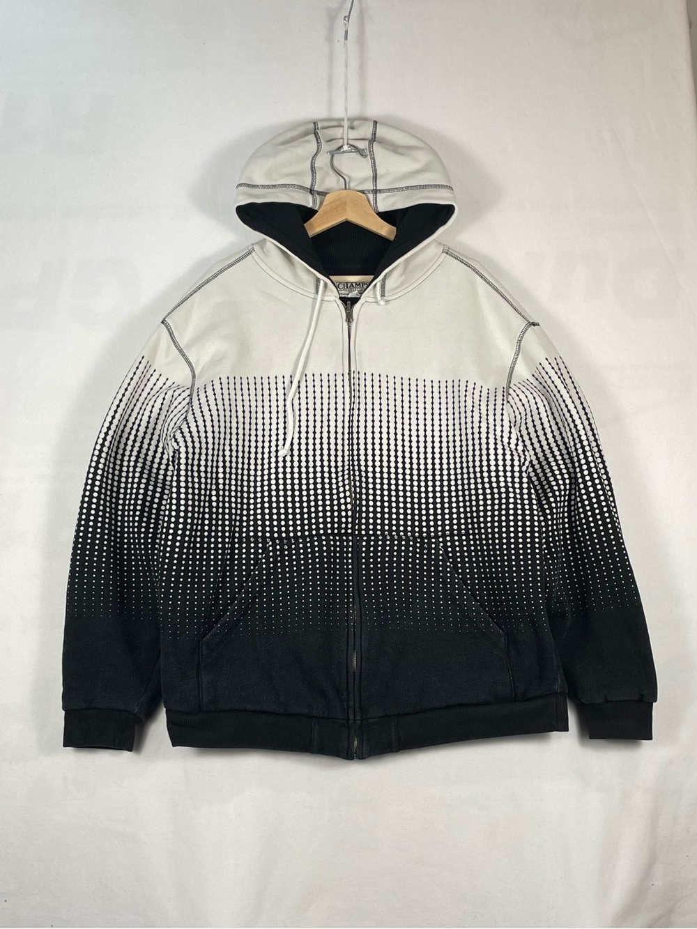 Vintage Champs Sports Thermal Lined Full Zip Hoodie Gradiant Black White Sz XL
